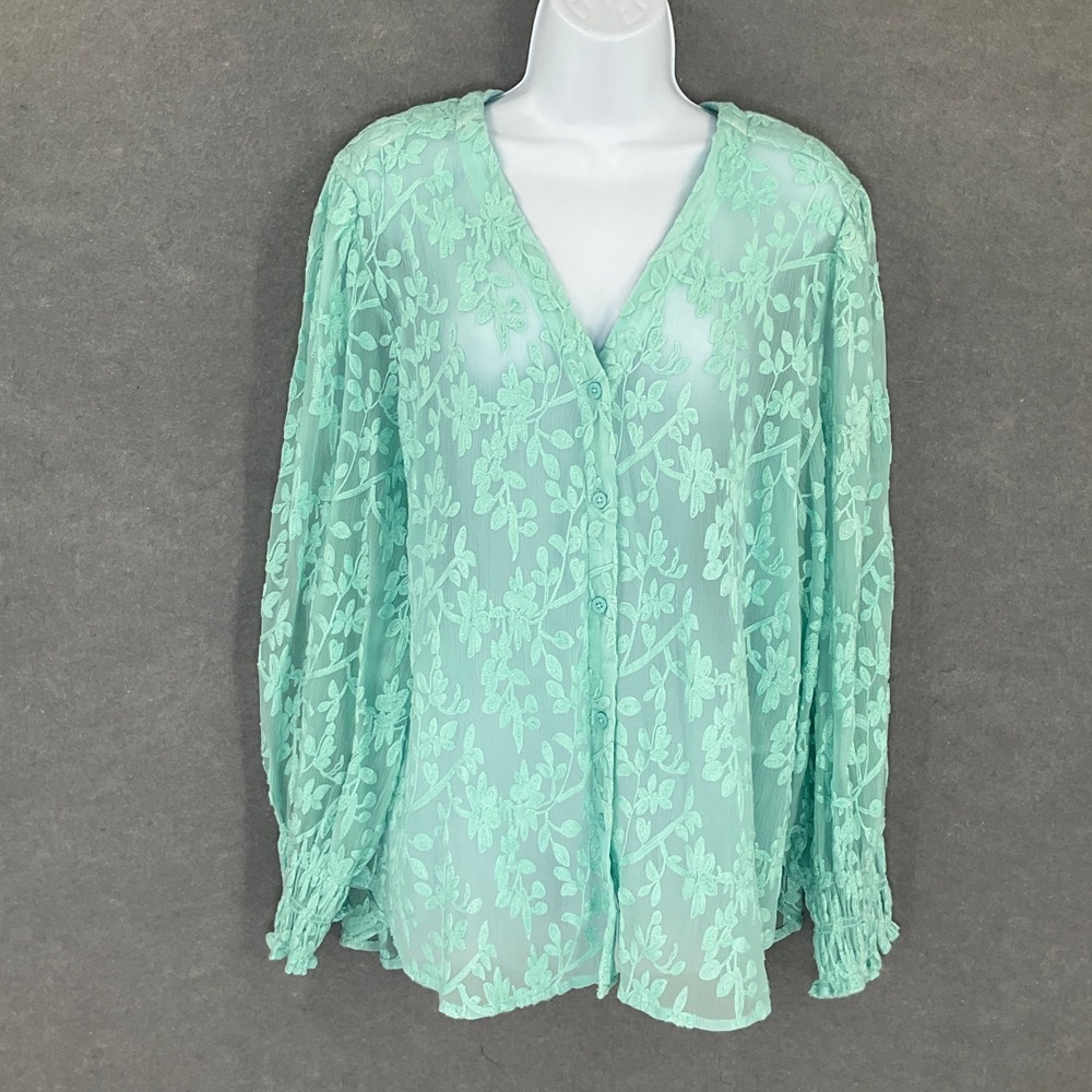Chico's‎ Top Sz 3 (US XL) Floral Button Up Romantic Dainty Lace Sheer Blouse